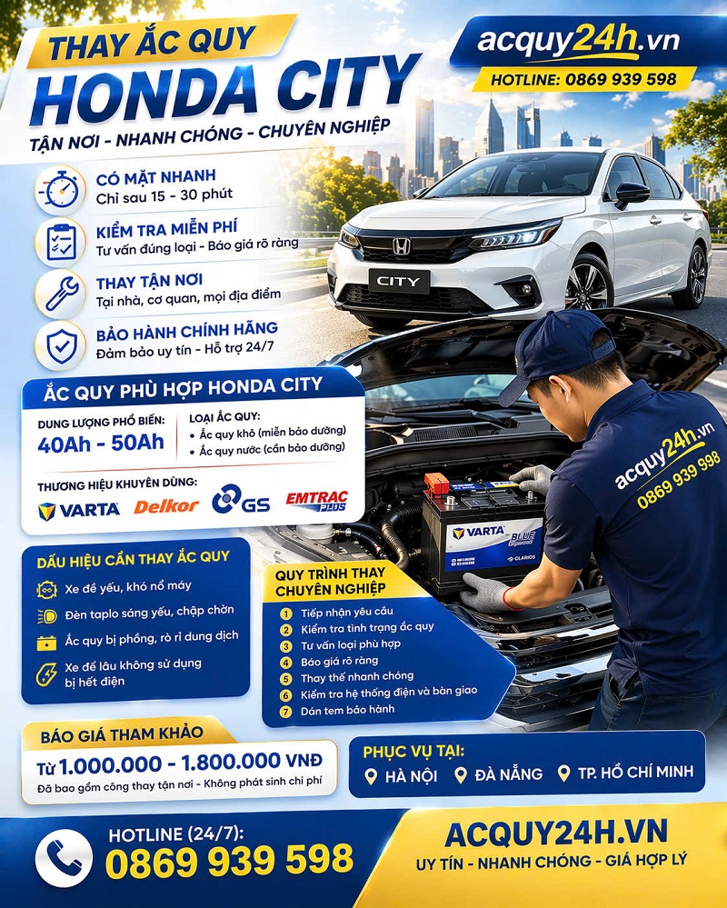 Ắc quy honda City thay thế tận nơi 24/7 tại Hà Nội,thông số và giá bán ắc quy xe honda city