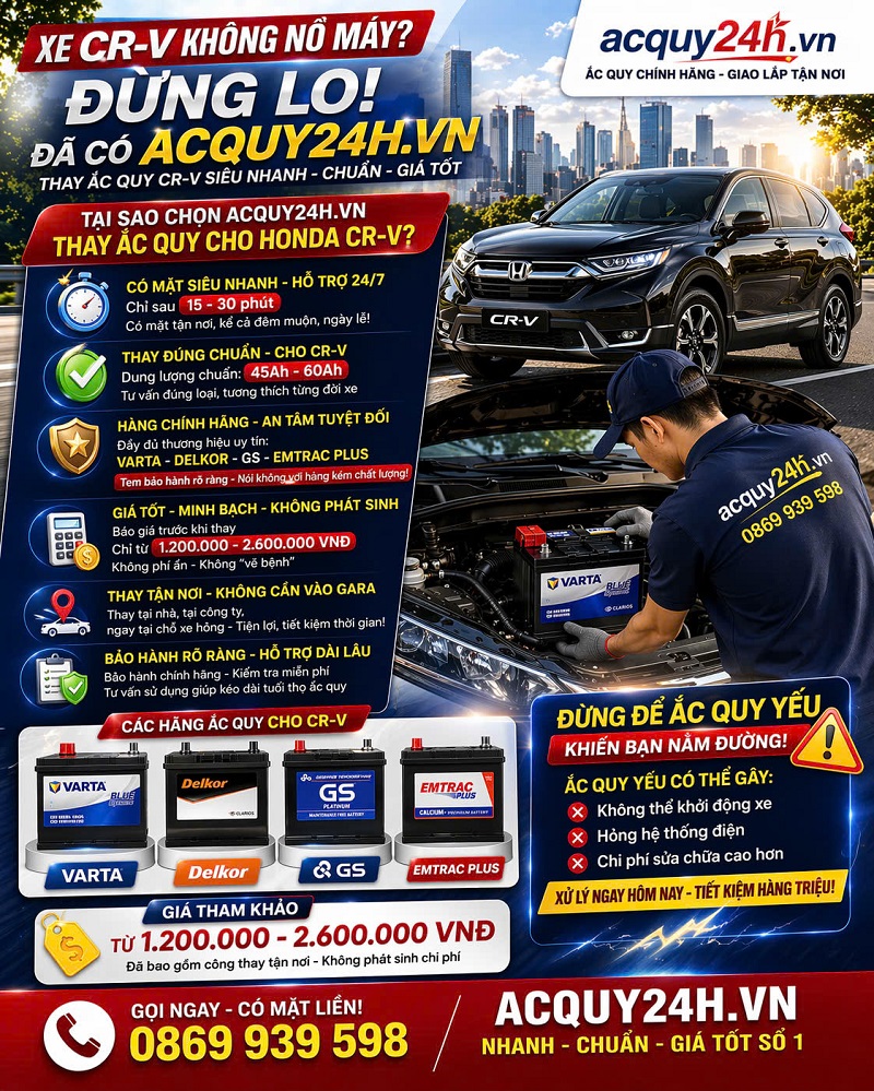 Thay ắc quy Honda Crv tận nơi tại Hà Nội, Hồ Chí Minh, Đà Nẵng
