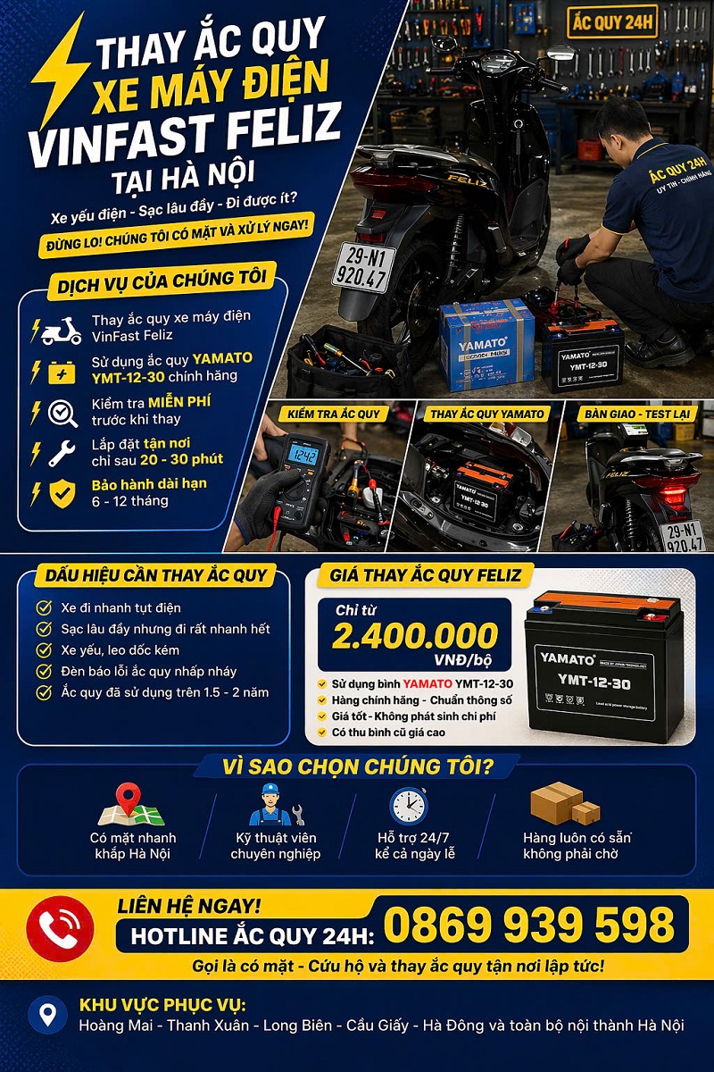 Ắc quy xe máy điện Vinfast Feliz, Thay ắc quy xe máy điện Vinfast Feliz giá tốt tại Hà Nội